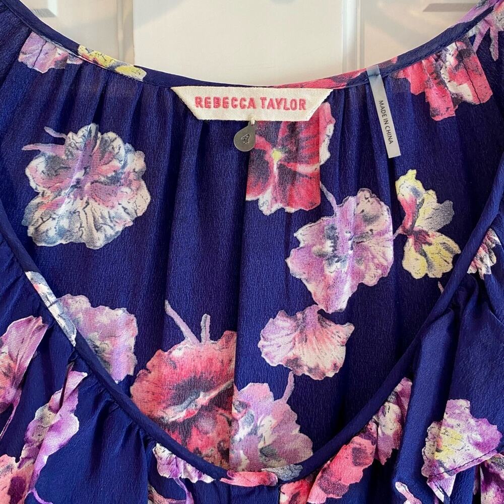 Rebecca Taylor Floral Mini Tie Waist Blouson Swing Dress Navy Blue Pink Silk - Picture 5 of 8